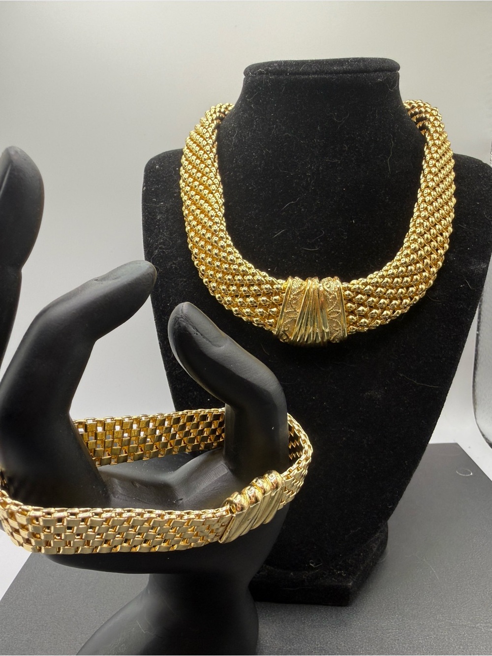 Vintage Gold Tone Chunky Choker Necklace & Bracelet Married Set